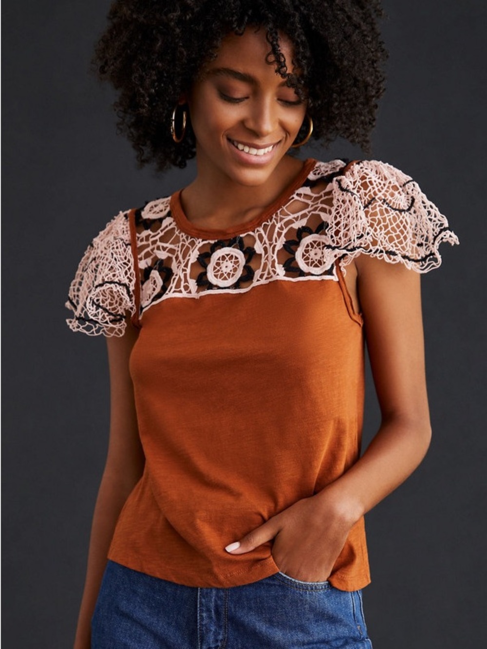 Anthropologie Flutter Sleeve Top Crochet Cedar Brown Boho Artsy